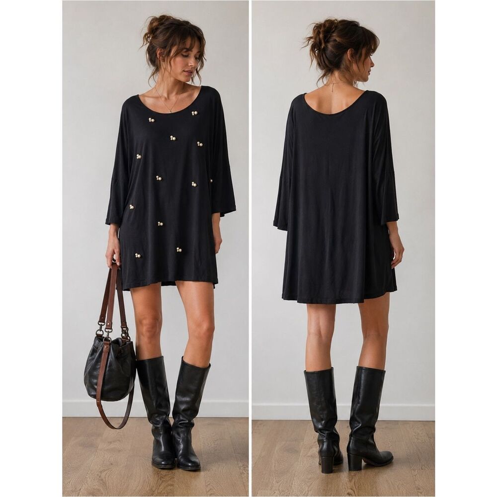 Cable & Gauge Bohemian Tunic Top Size 3X Black Jersey Faux Pearl Jeweled NWT